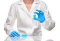 Doctor holding syringe and ampoule with blue drug against white Royalty Free Stock Photo