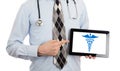 Doctor holding tablet - Caduceus symbol