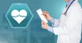 Doctor holding tablet with medical heart bpm rhythm interface hexagon icon