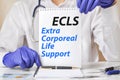 Doctor holding a tablet with text: ECLS. ECLS - Extra Corporeal Life Support, medical concept.