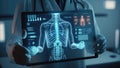 Doctor holding a tablet with a x-ray of a skeleton in a clinique with a blue fluorescent lighting