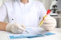 Doctor holding test tube with urine sample for analysis at table in laboratory Royalty Free Stock Photo