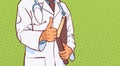 Doctor Holding Thumb Up Closeup Of Medical Male Prectitioner In White Coat Over Comic Pop Art Background With Copy Space