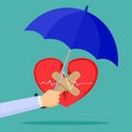 The doctor is holding an umbrella to protect the heart. The concept of prevention of medical care. Vector illustration Royalty Free Stock Photo