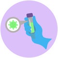 A doctor holds in his hand a test tube. A protective medical glove is worn on the arm. Covid-19 virus vector