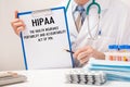 Doctor holds paper with inscription HIPAA The Health Insurance Portability and Accountability Act of 1996 Royalty Free Stock Photo