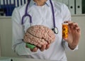 Doctor holds psycho neurological pills for brain in hands