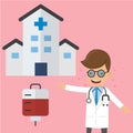 Doctor with Hospital and Bag of Blood. Healthcare Concept Vector Illustration Flat Style.