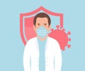 Doctor from hospital, therapist, medical staff. Doctor Virus and shield, antibacterial protection logo design.