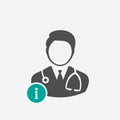 Doctor icon with information sign. Doctor icon and about, faq, help, hint symbol