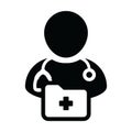 Doctor icon vector male person profile avatar with stethoscope and medical report folder for medical consultation in Glyph Royalty Free Stock Photo