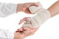 Doctor imposes an elastic bandage to the patient's hand