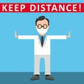 Man Doctor Mask Cartoon Keep Distance