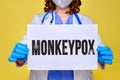 Doctor and inscription monkeypox virus, quarantine due to disease pan Royalty Free Stock Photo