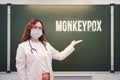 Doctor and inscription monkeypox virus, quarantine due to disease pan Royalty Free Stock Photo