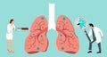 Doctor inspecting the affected of damaged from Coronavirus cells on lung by magnifying glass. Doctor fight CoVID-19 by hypodermic