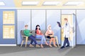 Doctor invites patient to enter medical office. Scene in hospital, clinic. Therapist waits visitors for medical