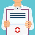 Doctor with lab coat holding a clipboard with medical report, p