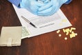 Doctor in latex gloves writes a prescription for pills. money health costs