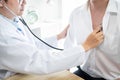 Doctor listening patient heartbeat with a stethoscope to diagnose heart rate examination, Medical and Healthcare concept