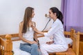 Doctor listening patient`s heartbeat with stethoscope in hospital Royalty Free Stock Photo