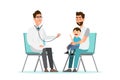 doctor listens to breathing statoscope for kid who sit on his father's lap