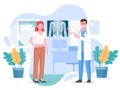 Doctor looking at a x-ray chest film with woman patient in clinic. Vector flat illustration. Radiology and body scan in medicine