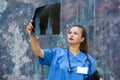 Doctor looking at x-ray.Young woman holding patient`s x-ray and examining it Royalty Free Stock Photo