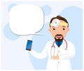 Male otolaryngologist doctor. Doctor with stethoscope consults patients by phone. Medicine online. Stay home. Flat vector illustra