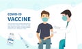 Doctor makes an injection of vaccine to man. Vaccination and healthcare concept. Covid-19 vaccine banner background template.