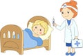 Doctor makes vaccination to the patient. Sick boy lies in bed Royalty Free Stock Photo