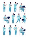 Doctor male. Healthcare medical person at work manager man vector characters in action poses