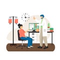 Doctor, male nurse giving intravenous injection to female patient, flat vector illustration.