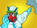 doctor man in coronavirus protective suit, alarming information