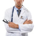 Doctor, man or name tag in studio in arms crossed or confident in medical career as ophthalmologist. Surgeon, trust and