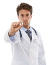 Doctor, man and portrait in studio with pills, prescription medication and serious with pharmaceuticals. Pharmacist