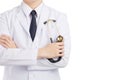 Doctor man posting and holding stethoscope on white background. Royalty Free Stock Photo