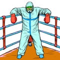 Doctor man in protective suit after the battle. Treatment as a Boxing concept, epidemic