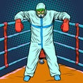 Doctor man in protective suit after the battle. Treatment as a Boxing concept, epidemic