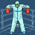 Doctor man in protective suit after the battle. Treatment as a Boxing concept, epidemic