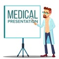 Doctor Man In White Coat Near Meeting Projector Screen, Medical Presentation Vector. Isolated Cartoon Illustration