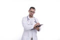 Doctor Man Writing in Clipboard Isolated. Doctor Working with Clipboard. Commecial, Shopping, Advertisment Concept