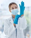 Doctor mask, covid gloves and woman ready for operation, surgery or examination. Health, healthcare and medical female Royalty Free Stock Photo