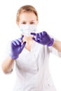 Doctor in mask with gloves observe patient isolated