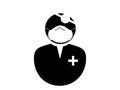 Doctor with Mask Icon. Black and white illustration pictogram icon depicting doctor with PPE face covering and head mirror. EPS