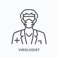 Doctor in mask line icon. Vector outline illustration virologist glasses, respirator and hat. Nurse in pandemic support Royalty Free Stock Photo