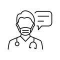 Doctor in Mask with Speech Bubble Consultation Concept Line Icon. Physician Talking Linear Pictogram. Healthcare Chat