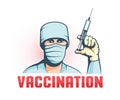 Doctor in mask with syringe in hand - retro vaccination poster Royalty Free Stock Photo