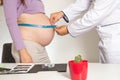 The doctor measures the belly of a pregnant woman with a measuring tape. The concept of the development of pregnancy