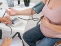 The doctor measures the pressure of a pregnant woman. Royalty Free Stock Photo